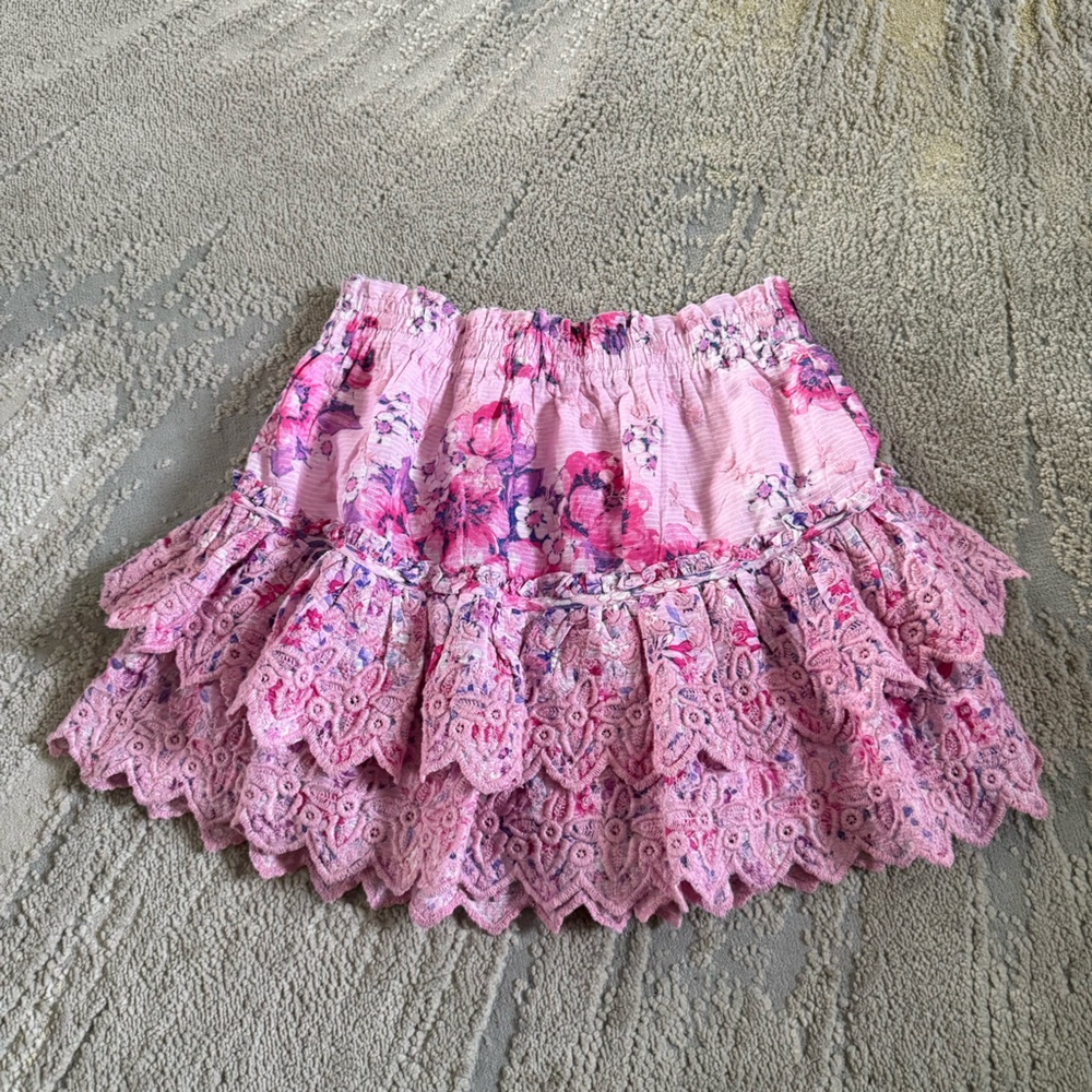 LoveShackFancy Cairo mini skirt pink purple floral tiered ruffled embroidered XS - Picture 1 of 12